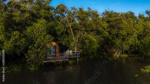 The image shows a house nestled in the mangrove forest, by the river.
