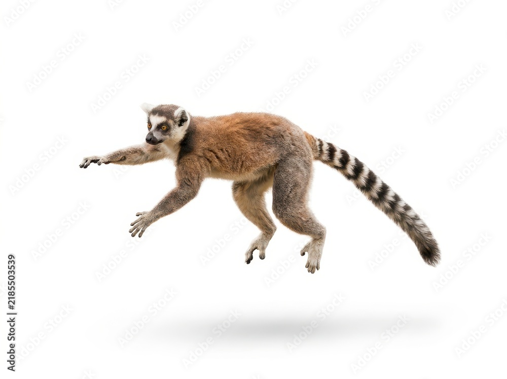 Obraz premium Ring-Tailed Lemur Mid-Leap on White Background