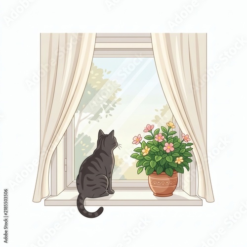 A cozy vector illustration of a dark grey tabby cat sitting on a windowsill beside a blooming potted plant, gazing out through soft white curtains.