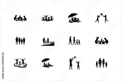 Beach-Activities Vector Icons Set: Families Playing on the Sand