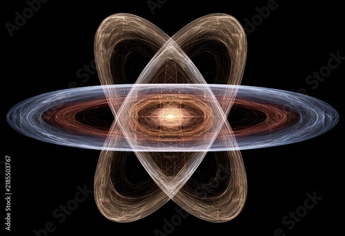 Abstract, symmetrical atom-like structure.  Intertwined, glowing,  color gradients