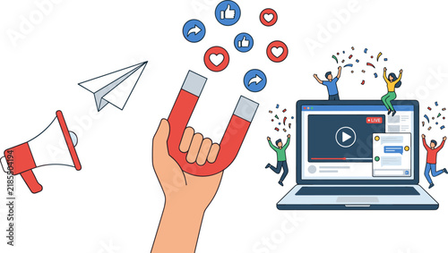 Flat design vector illustration of a hand holding a magnet attracting social media icons, with a laptop and megaphone