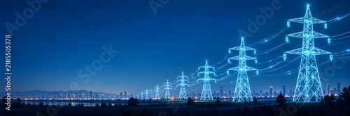 Wide panoramic landscape of illuminated smart grid transmission towers with digital lines distributing efficient electricity to a modern city skyline at dusk