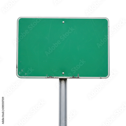Blank green road sign isolated on white background for custom text and traffic directions