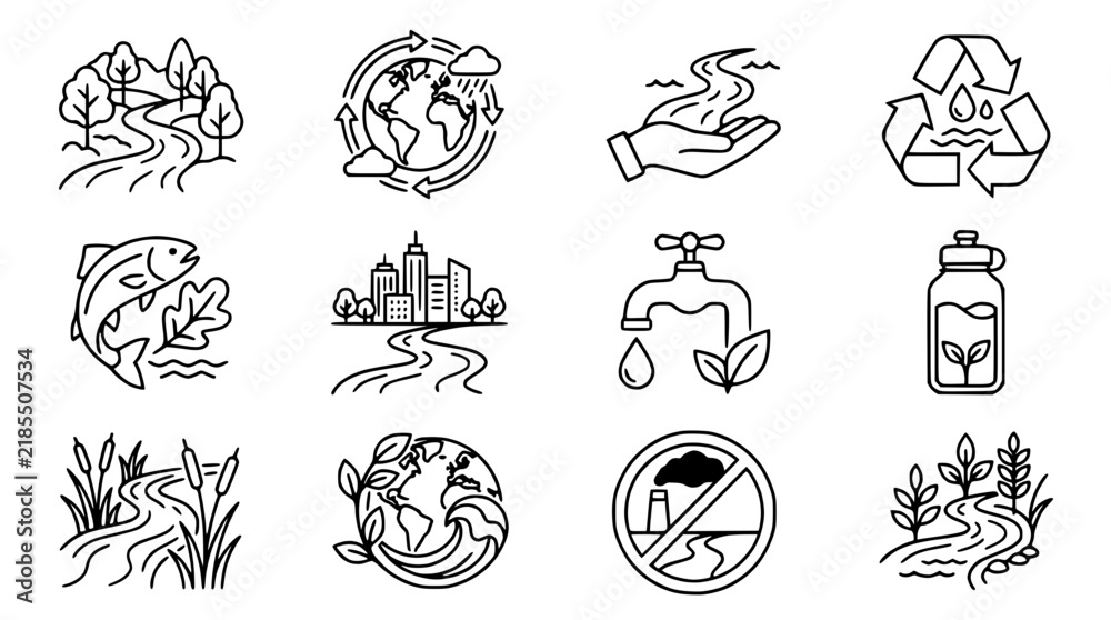 Obraz premium Ecology Icon Set: Nature, Water, Sustainability, Recycling, Earth
