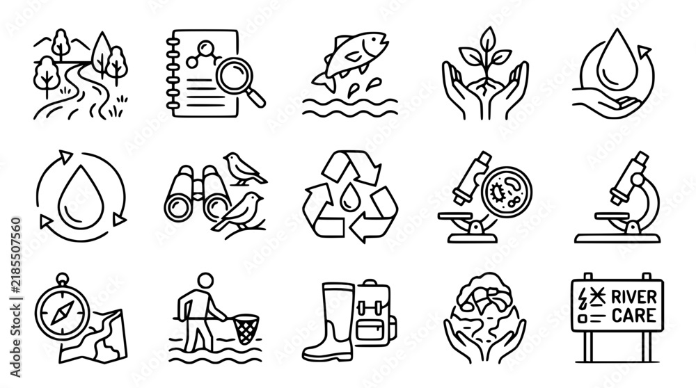 Fototapeta premium Ecology Icons: River Care, Nature, Science, Conservation, Recycling, Sustainability