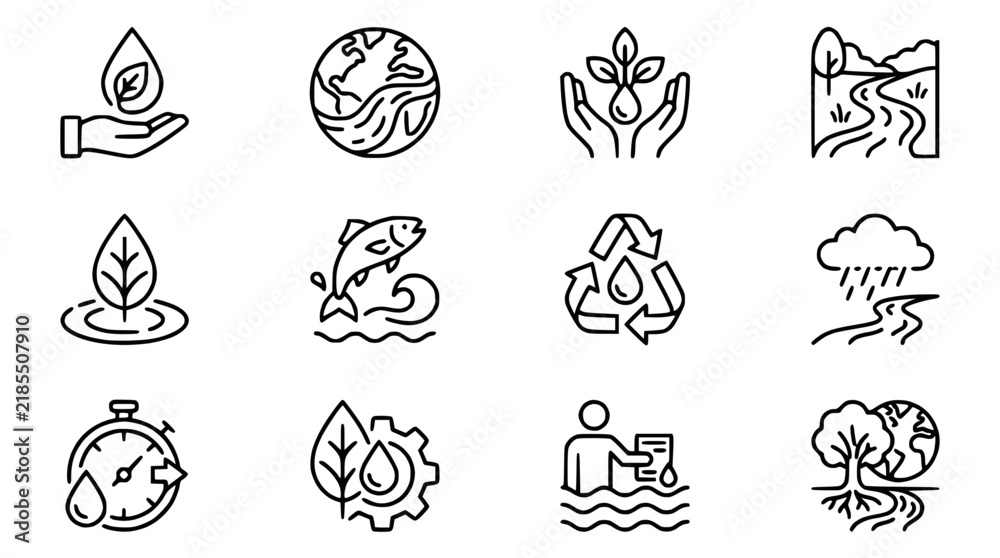 Fototapeta premium Eco Icons Set: Nature, Planet, Water, Recycling, Rain, Tree, Hands