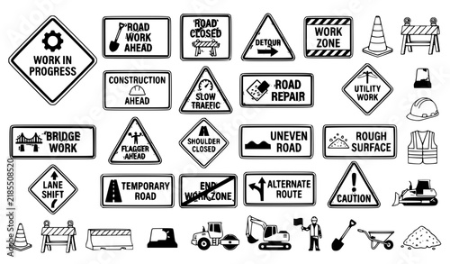 Road Construction Zone Signs and Maintenance Clipart Work Ahead Detour Vector Set