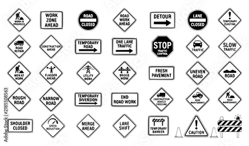 Road Construction Warning Signs Vector Set Work Zone Road Closed Detour Maintenance