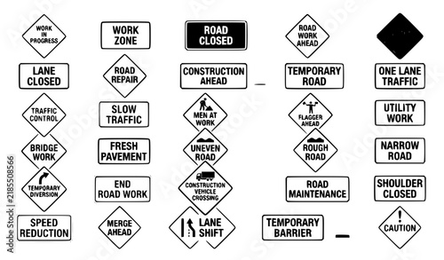 Road Construction Warning Signs Vector Set Work Zone Road Closed Detour Maintenance