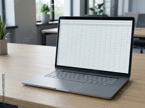 A laptop screen displaying a blank spreadsheet layout with an...