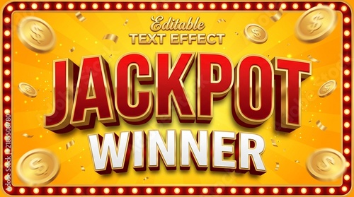 Jackpot Winner Text Effect with Golden Coins and Marquee Lights Frame on Yellow Background