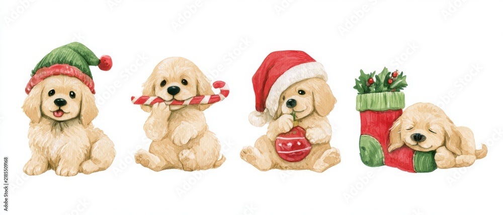 Fototapeta premium Cute watercolor illustration of A Golden Retriever Puppy wearing a festive hat, chewing a candy cane, playing with an ornament, and sleeping in a Christmas stocking, four different poses in a