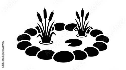 Vector illustration of garden pond with reeds and lily pad icon on a transparent background