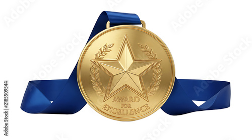 Shiny gold medal with a star emblem hanging from a blue ribbon isolated on white background