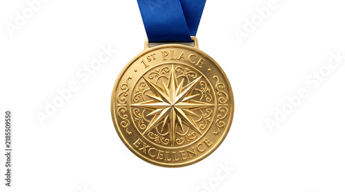 A shiny gold medal with an intricate star design hanging from a blue ribbon isolated on white background