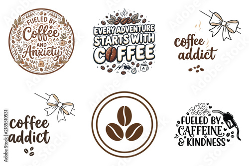 Set of coffee quotes and emblems with beans and bows isolated on a white background