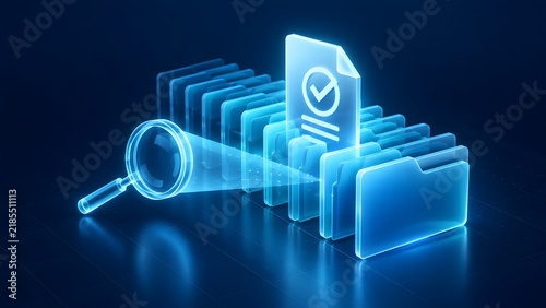 Naklejka Digital document search and verification concept featuring a futuristic holographic magnifying glass inspecting secure database file folders for compliance