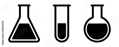 Chemistry Lab Glassware Icons Set Erlenmeyer Flask, Florence Flask, and Test Tube Black Vector Line Art