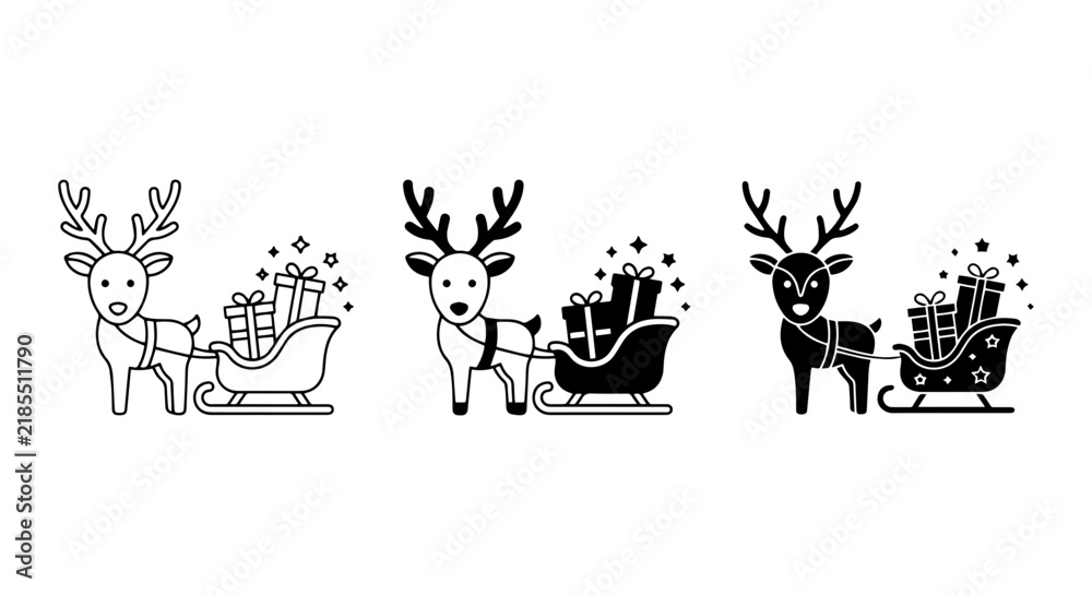 Fototapeta premium Christmas Reindeer Sleigh Gift Icons, Festive Holiday Vector Set, Winter Celebration Graphics