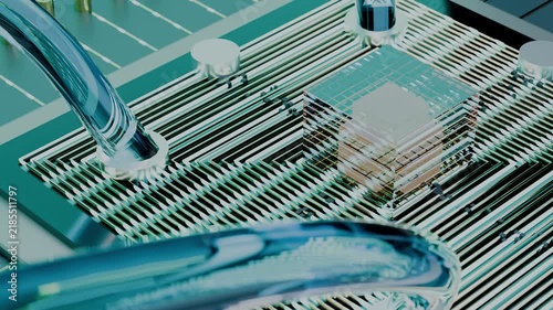 Dramatic aperture pull isolating single quantum processor unit against creamy defocused motherboard bokeh, panoramic framing.