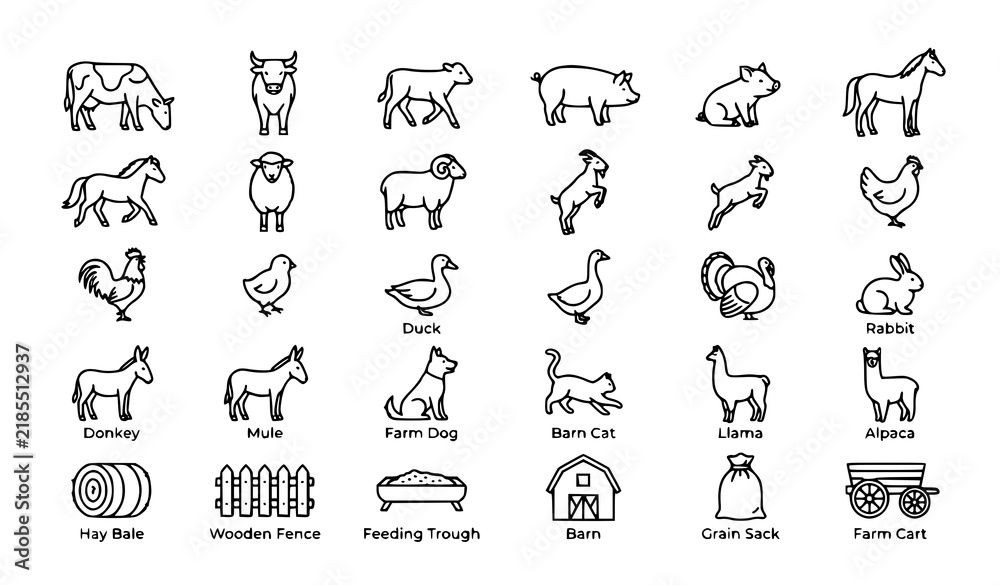 Fototapeta premium Farm Animal Vector Icon Collection with Cow, Pig, Horse, Sheep, Goat, Chicken, Donkey, Llama, Barn, and Farming Elements Line Set
