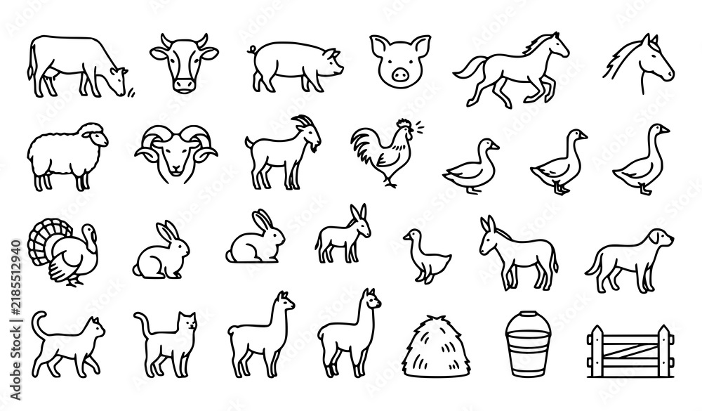 Obraz premium Vector Barnyard Icon Collection with Cow, Pig, Horse, Sheep, Goat, Chicken, Duck, Rabbit, and Farm Animals Line Set for Agriculture Designs