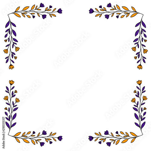 Halloween Floral Frame Set, Orange and Purple Botanical Corner Borders Vector Clipart isolated on White Background