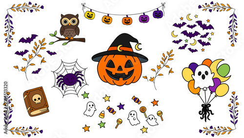 Cute Halloween Vector Clipart Set with Witch Pumpkin, Ghost Balloons, Owl, Spell Book, Spider Web, Bats, Garland and Floral Borders isolated on White Background