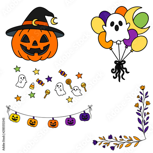 Cute Halloween Clipart Set with Witch Pumpkin, Ghost Balloons, Sweets, Pumpkin Garland and Floral Border isolated on White Background