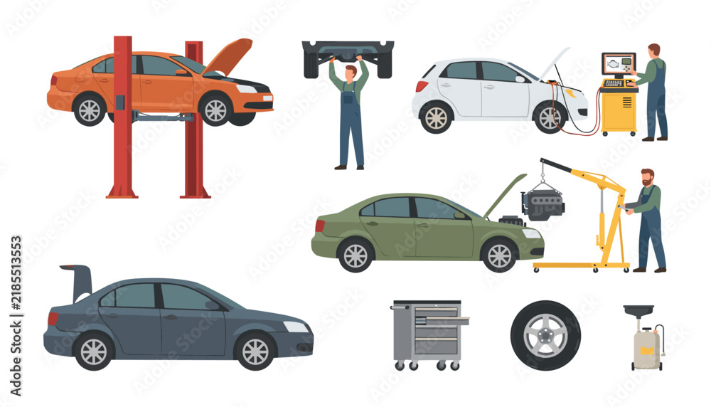 Naklejka premium Car Service and Auto Repair Shop Vector Illustration Set Featuring Mechanics Fixing Engines Conducting Diagnostics Using Hydraulic Lift And Maintenance Tools