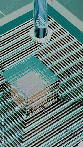 Locked vertical portrait framing gold-plated quantum processor centered on dark circuit substrate, towering perspective.