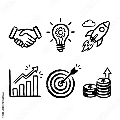 Business Line Icon Set on Brush Outline