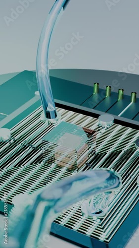 Seamless vertical 360-degree looping revolution presenting full quantum motherboard assembly, towering perspective.