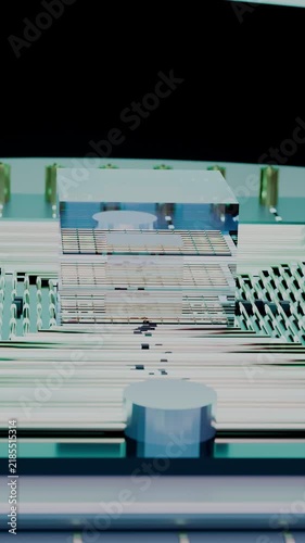 Steep upward low-angle vertical diagonal rise capturing vivid neon data traces reflected in glossy board, towering perspective.