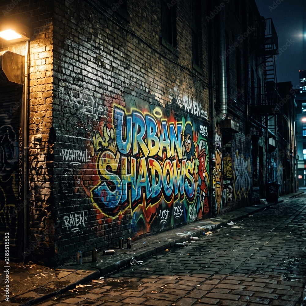 Naklejka premium Dark atmospheric photography graffiti on brick with side light