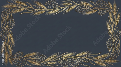 Elegant golden wheat and oak leaf decorative frame on a dark blue background. Perfect for Ocotober Festival theme 