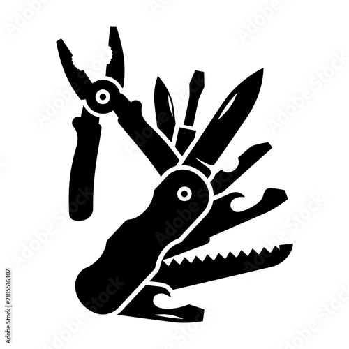 Foto Black silhouette of a multi tool with pliers knife saw and screwdrivers on white