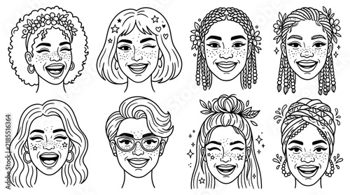 Collection of diverse women's faces with various hairstyles and expressions, hand-drawn style.