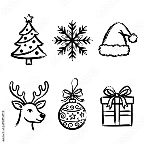 Christmas Line Icon Set on Brush Outline