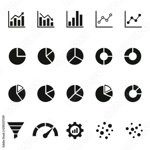 Professional set of black business data visualization icons including pie charts graphs and gear settings