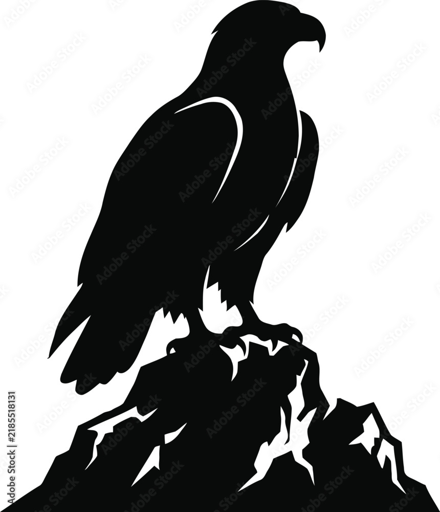 Fototapeta premium Eagle Hawk Falcon Perched On Mountain Rock Cliff Silhouette Predator Raptor Avian Bird Wildlife Black And White Vector Art Clipart Cut File Laser Stencil Tattoo Logo Minimalist Design Element