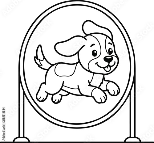 Cute cartoon puppy jumping through an agility hoop