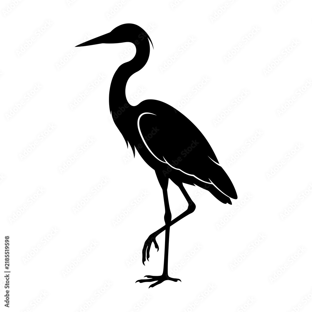 Fototapeta premium Black heron silhouette standing on one leg isolated on a clean white background