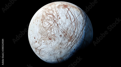 A highresolution image of Jupiter moon Europa showing icy surface features and complex browncolored lineament fractures against a deep black space background