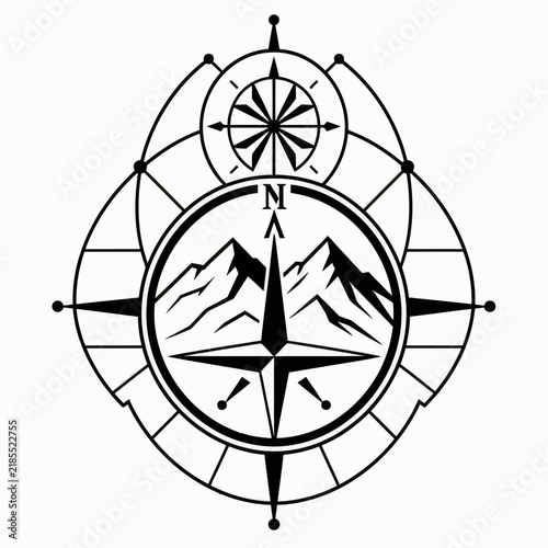 A stylized compass rose with mountains and geometric elements, symbolizing navigation and adventure.