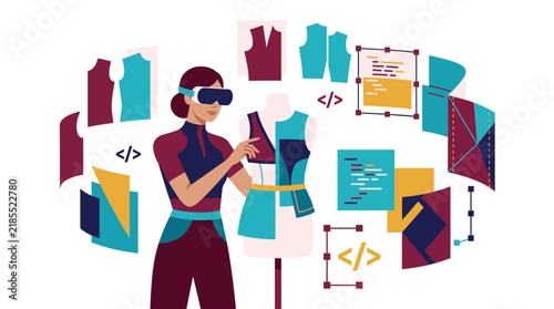 Fashion Designer Wearing Virtual Reality Headset Working On Clothing Patterns with Digital Code and Mannequin