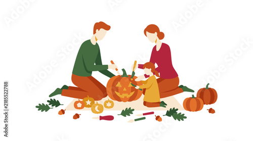 Family Carving Jack-o'-lantern Pumpkins with Autumn Leaves and Tools