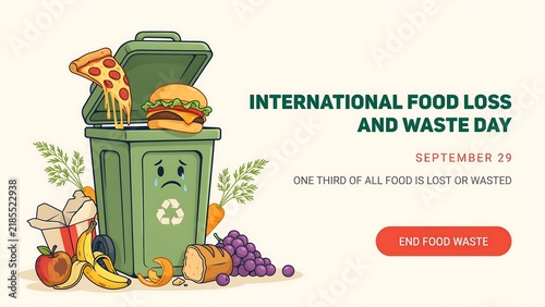 Sad trash can with food waste illustration