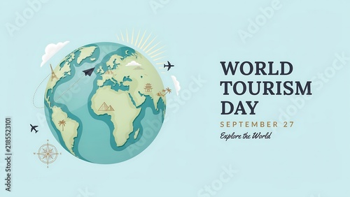 World tourism day illustration with globe and plane icons